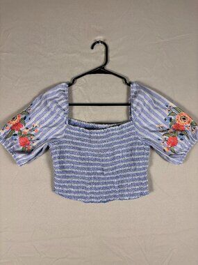 Xhilaration Blue & White Striped Floral Embroidered Square Neck Smocked Crop Top